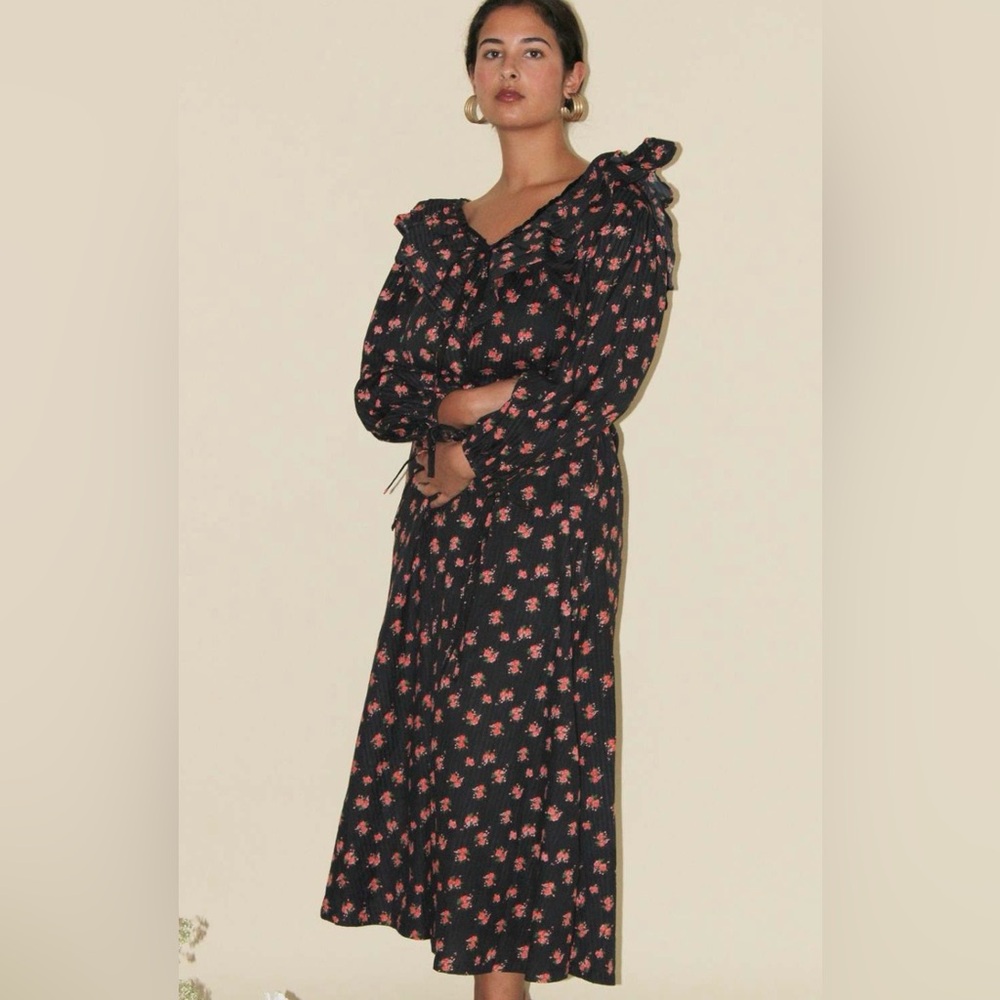 Damson Madder Barbs Textured Large Scale Roses Ruffle midi dress